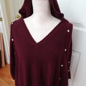 Women's Burgundy Hooded Cape/Sweater Button Accents